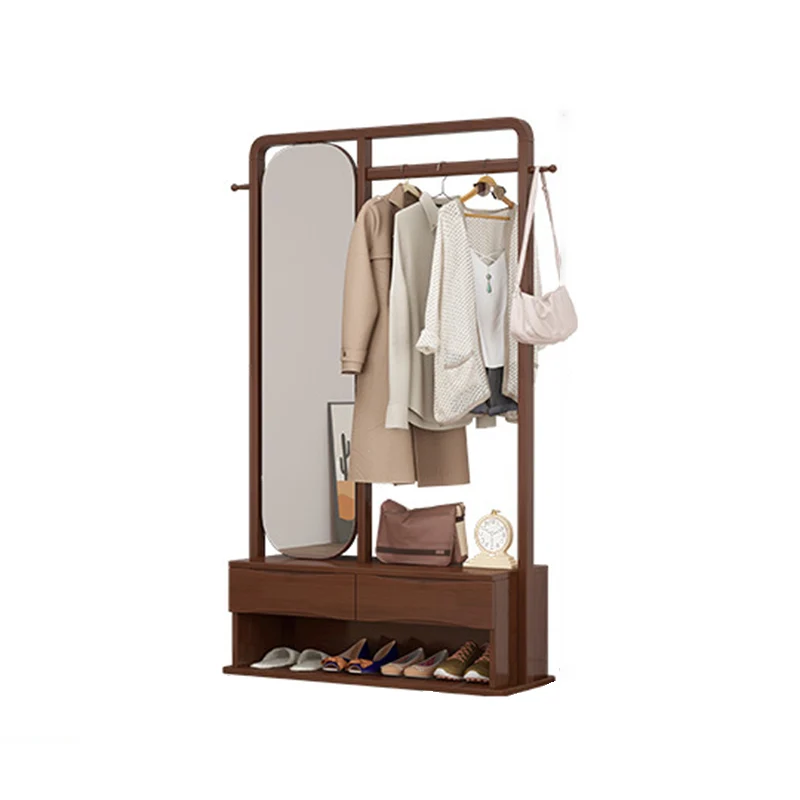 Modern Minimalist Solid Wood & Plywood Freestanding Hall Tree Coat Rack With Rotating Full-Length Mirror And 2 Drawers For Bedroom