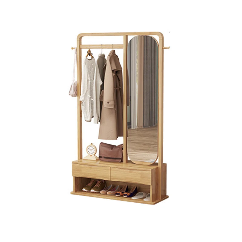 Modern Minimalist Solid Wood & Plywood Freestanding Hall Tree Coat Rack With Rotating Full-Length Mirror And 2 Drawers For Bedroom