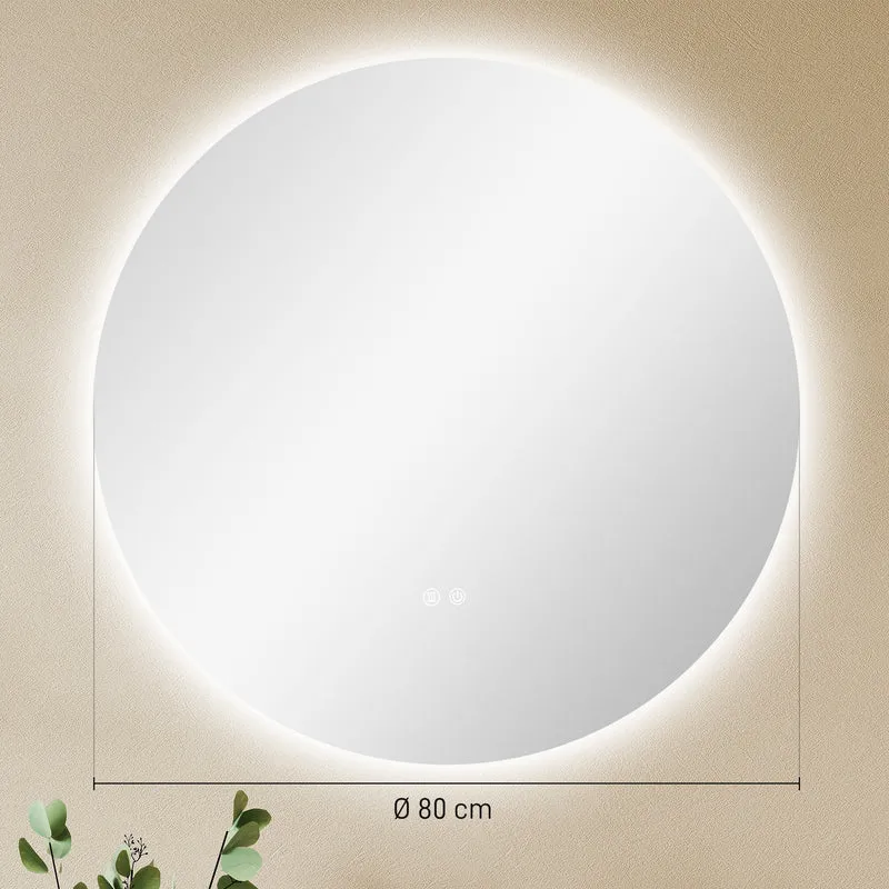 Miroir rond mural salle de bain 80 x 3,5 cm éclairage réglable antibuée tactile sécurisé moderne épuré en verre argent 21_0001976