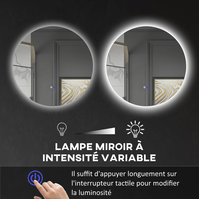 Miroir rond mural salle de bain 80 x 3,5 cm éclairage réglable antibuée tactile sécurisé moderne épuré en verre argent 21_0001976