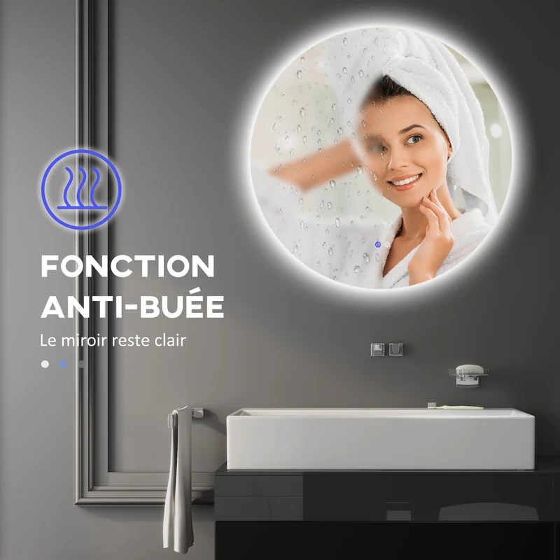 Miroir rond mural salle de bain 80 x 3,5 cm éclairage réglable antibuée tactile sécurisé moderne épuré en verre argent 21_0001976