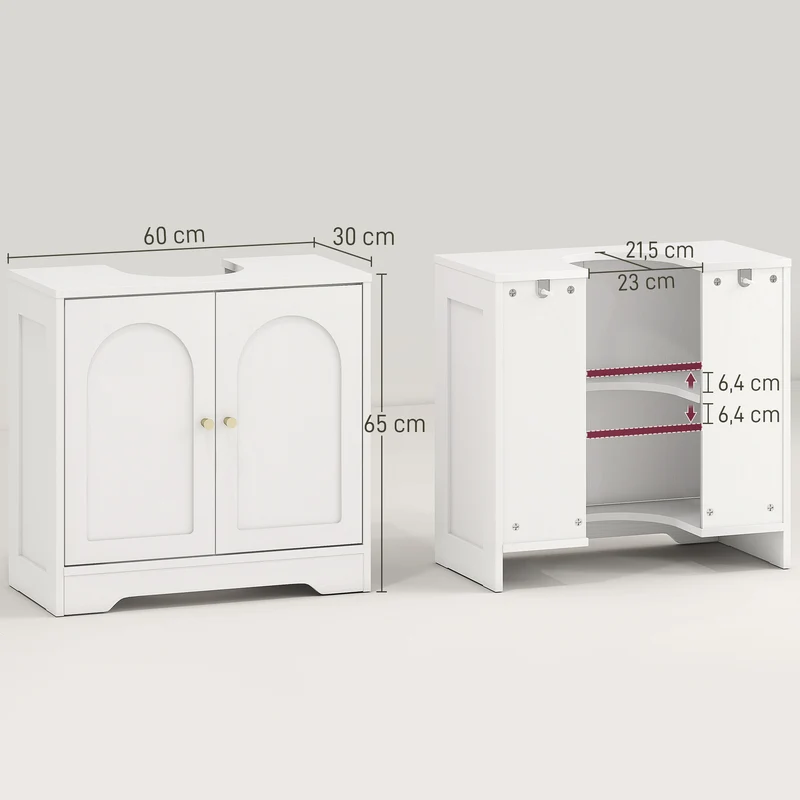 Meuble sous lavabo 60 x 30 x 65 cm découpe en U gain de place étagère réglable épuré en panneau de particules blanc 21_0002083