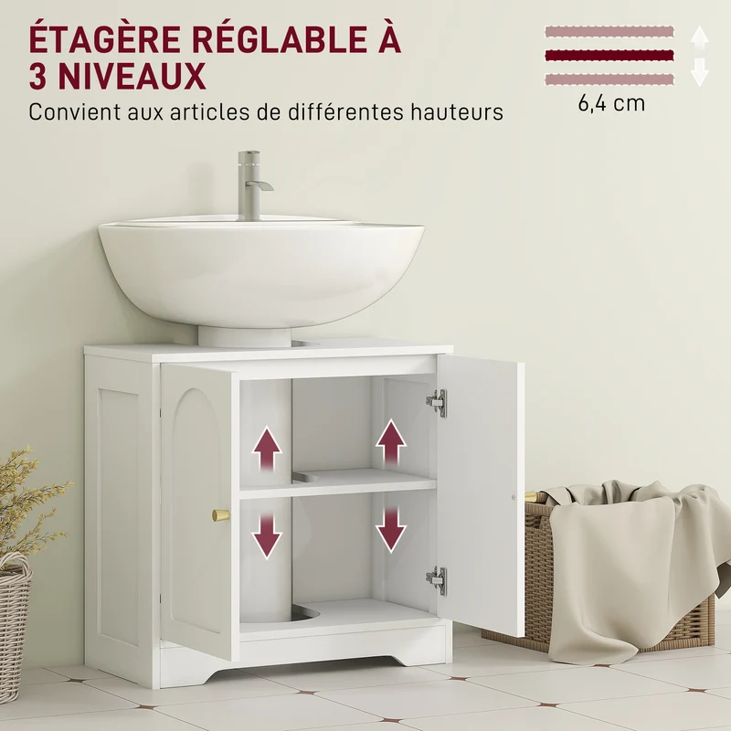 Meuble sous lavabo 60 x 30 x 65 cm découpe en U gain de place étagère réglable épuré en panneau de particules blanc 21_0002083