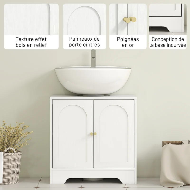 Meuble sous lavabo 60 x 30 x 65 cm découpe en U gain de place étagère réglable épuré en panneau de particules blanc 21_0002083