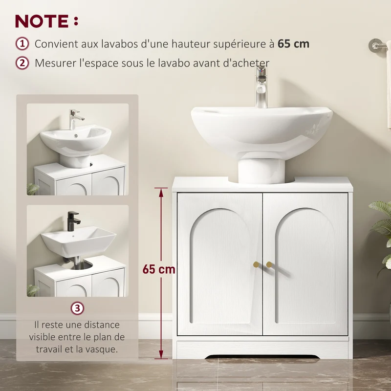 Meuble sous lavabo 60 x 30 x 65 cm découpe en U gain de place étagère réglable épuré en panneau de particules blanc 21_0002083