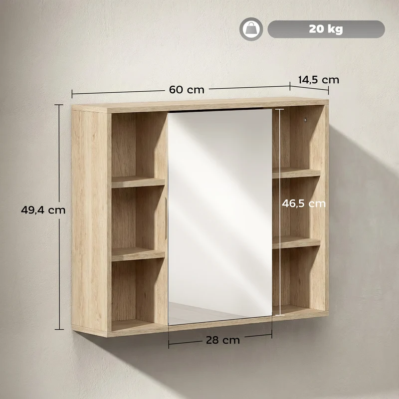 Meuble salle de bain mural miroir placard 60 x 14.5 x 49.4 cm 6 cases rangement contemporain épuré en MDF bois naturel 21_0001869