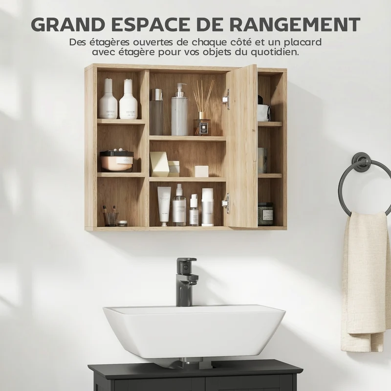 Meuble salle de bain mural miroir placard 60 x 14.5 x 49.4 cm 6 cases rangement contemporain épuré en MDF bois naturel 21_0001869