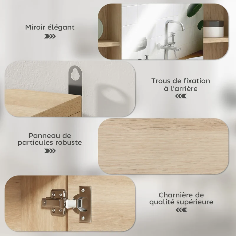 Meuble salle de bain mural miroir placard 60 x 14.5 x 49.4 cm 6 cases rangement contemporain épuré en MDF bois naturel 21_0001869