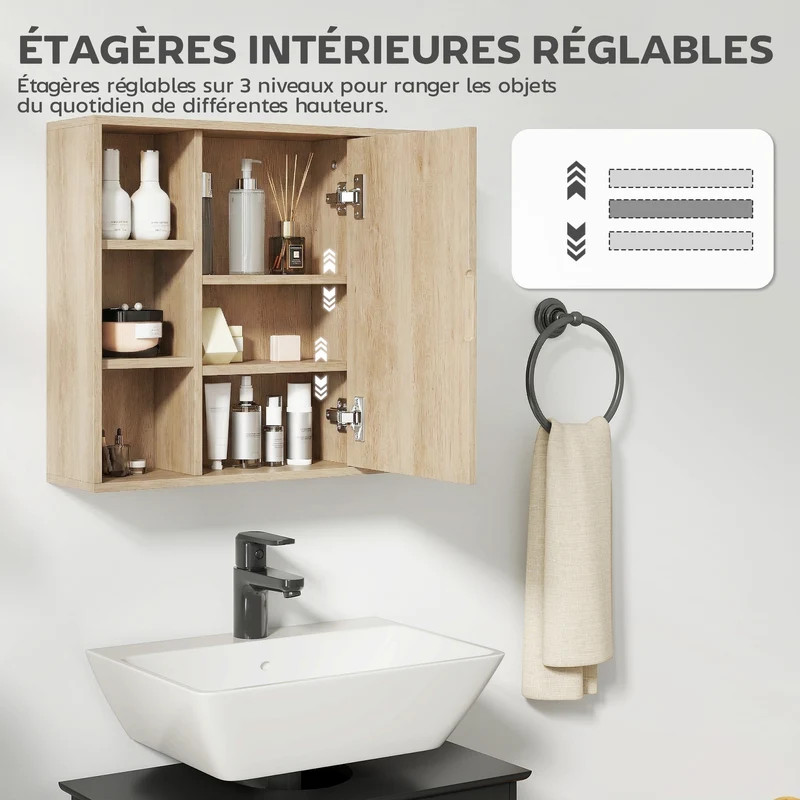 Meuble salle de bain mural miroir placard 60 x 14.5 x 49.4 cm 6 cases rangement contemporain épuré en MDF bois naturel 21_0001869