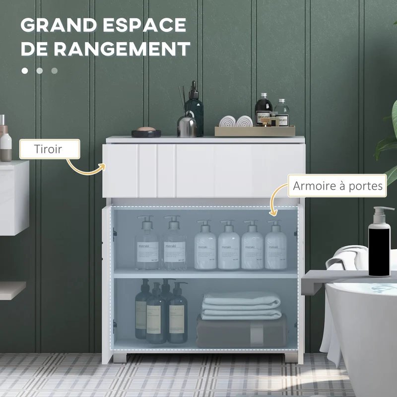 Meuble de salle de bain 60 x 30 x 80 cm 2 portes 1 tiroir étagère réglable utile moderne en panneau de particules blanc 21_0002003