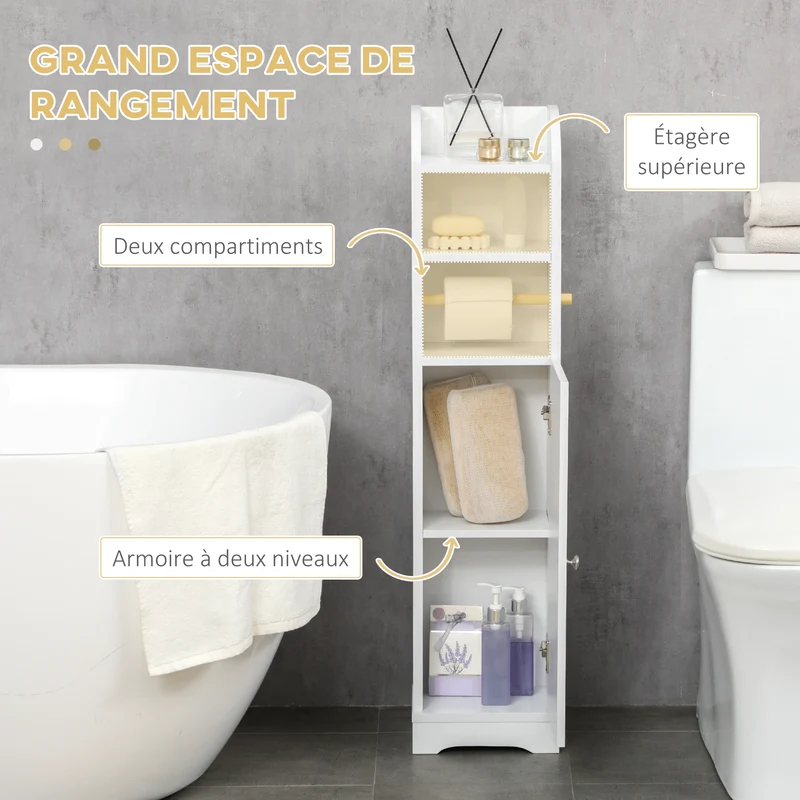 Meuble colonne porte papier toilette 23 x 18 x 100 cm gain de place étagères réglables style épuré moderne en MDF blanc 21_0001941
