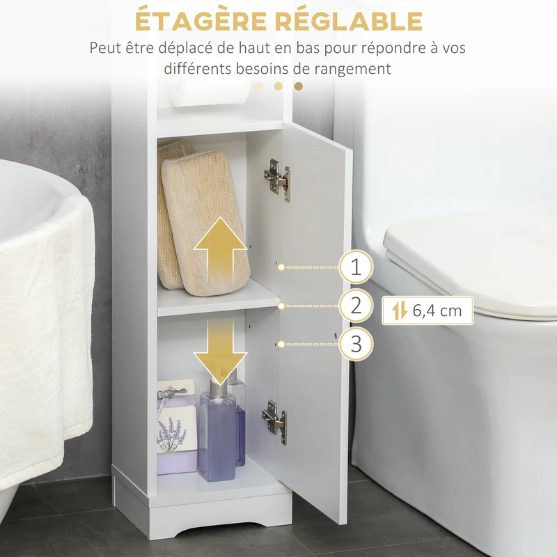 Meuble colonne porte papier toilette 23 x 18 x 100 cm gain de place étagères réglables style épuré moderne en MDF blanc 21_0001941