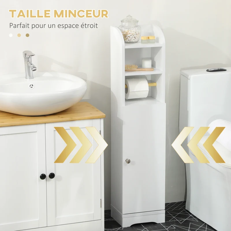 Meuble colonne porte papier toilette 23 x 18 x 100 cm gain de place étagères réglables style épuré moderne en MDF blanc 21_0001941