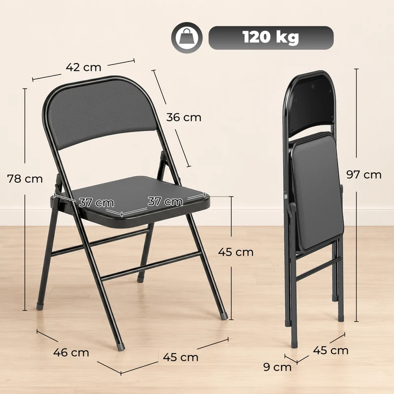 Lot de 4 chaises pliantes salle à manger 45 x 46 x 78 cm assise rembourrée dossier haut stable moderne en acier noir 21_0002150