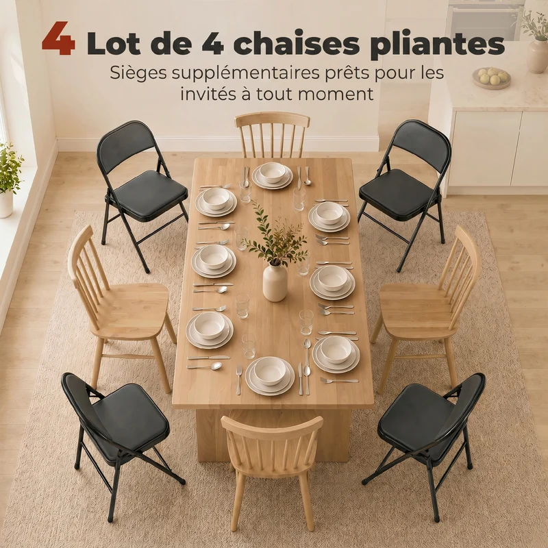 Lot de 4 chaises pliantes salle à manger 45 x 46 x 78 cm assise rembourrée dossier haut stable moderne en acier noir 21_0002150