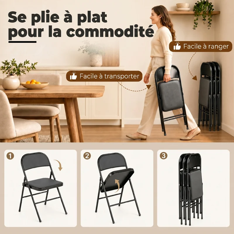 Lot de 4 chaises pliantes salle à manger 45 x 46 x 78 cm assise rembourrée dossier haut stable moderne en acier noir 21_0002150