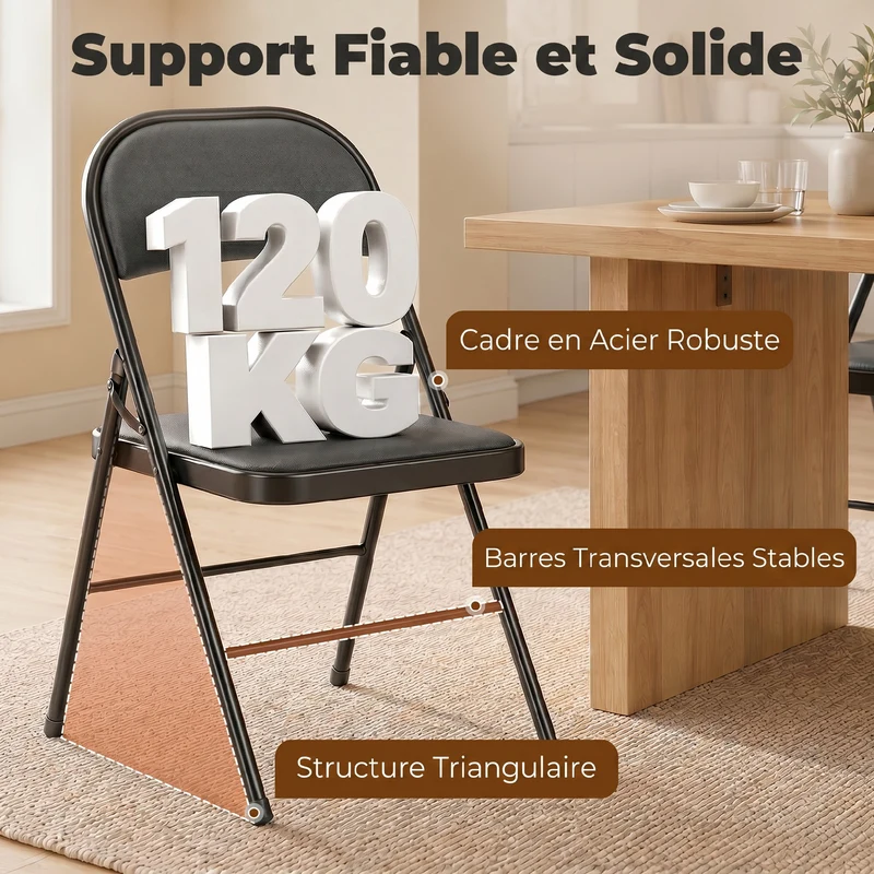 Lot de 4 chaises pliantes salle à manger 45 x 46 x 78 cm assise rembourrée dossier haut stable moderne en acier noir 21_0002150