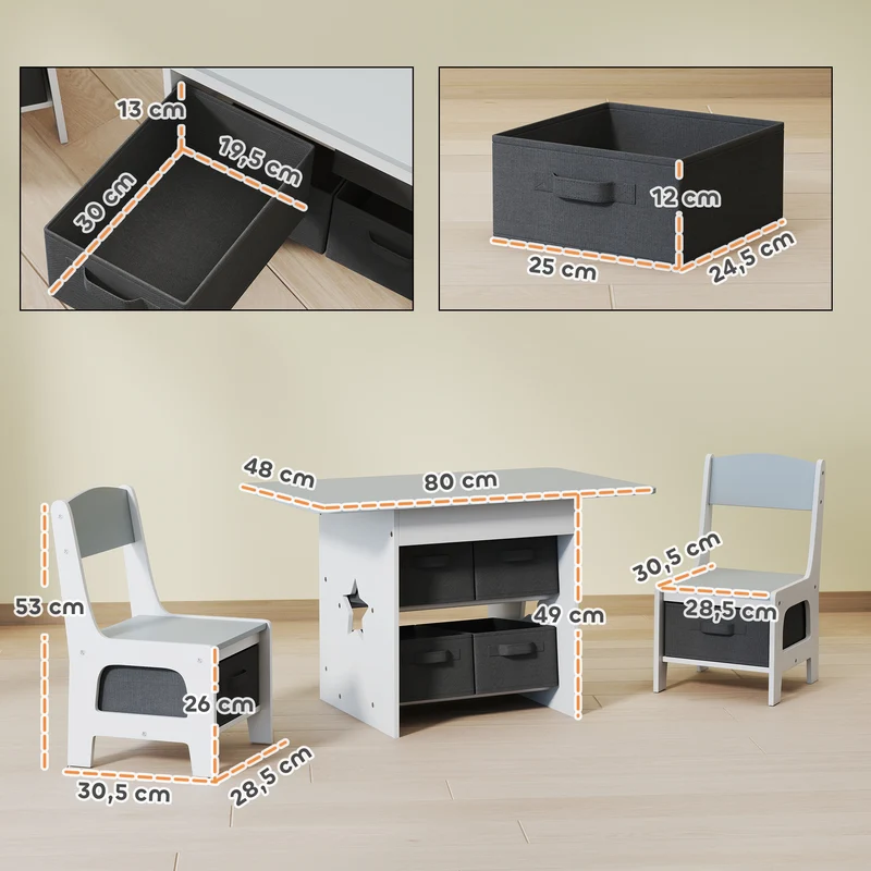 Lot de 3 ensemble table et chaises enfant chambre jeu 80 x 48 x 49 cm 6 tiroirs bords arrondis moderne épuré en MDF gris 21_0000232