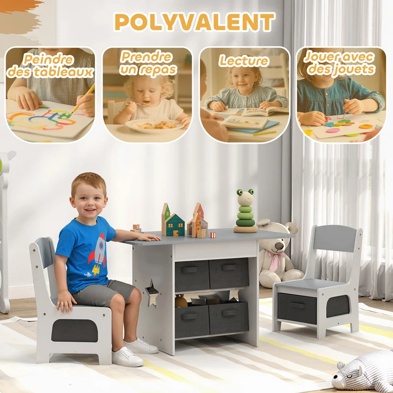 Lot de 3 ensemble table et chaises enfant chambre jeu 80 x 48 x 49 cm 6 tiroirs bords arrondis moderne épuré en MDF gris 21_0000232