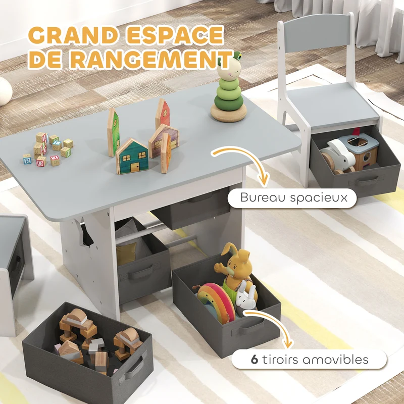 Lot de 3 ensemble table et chaises enfant chambre jeu 80 x 48 x 49 cm 6 tiroirs bords arrondis moderne épuré en MDF gris 21_0000232