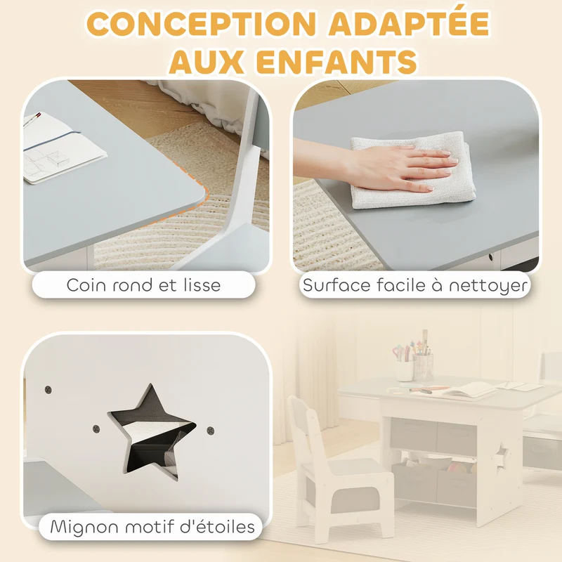 Lot de 3 ensemble table et chaises enfant chambre jeu 80 x 48 x 49 cm 6 tiroirs bords arrondis moderne épuré en MDF gris 21_0000232