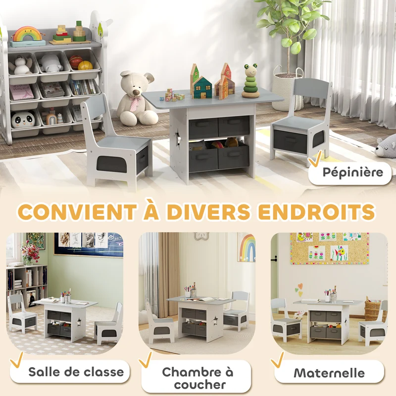 Lot de 3 ensemble table et chaises enfant chambre jeu 80 x 48 x 49 cm 6 tiroirs bords arrondis moderne épuré en MDF gris 21_0000232