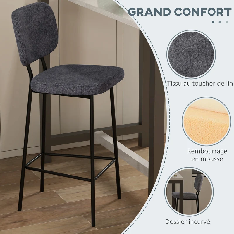 Lot de 2 tabourets de bar 41 x 46 x 90 cm assise rembourrée repose-pieds intégré style industriel en polyester gris 21_0003204