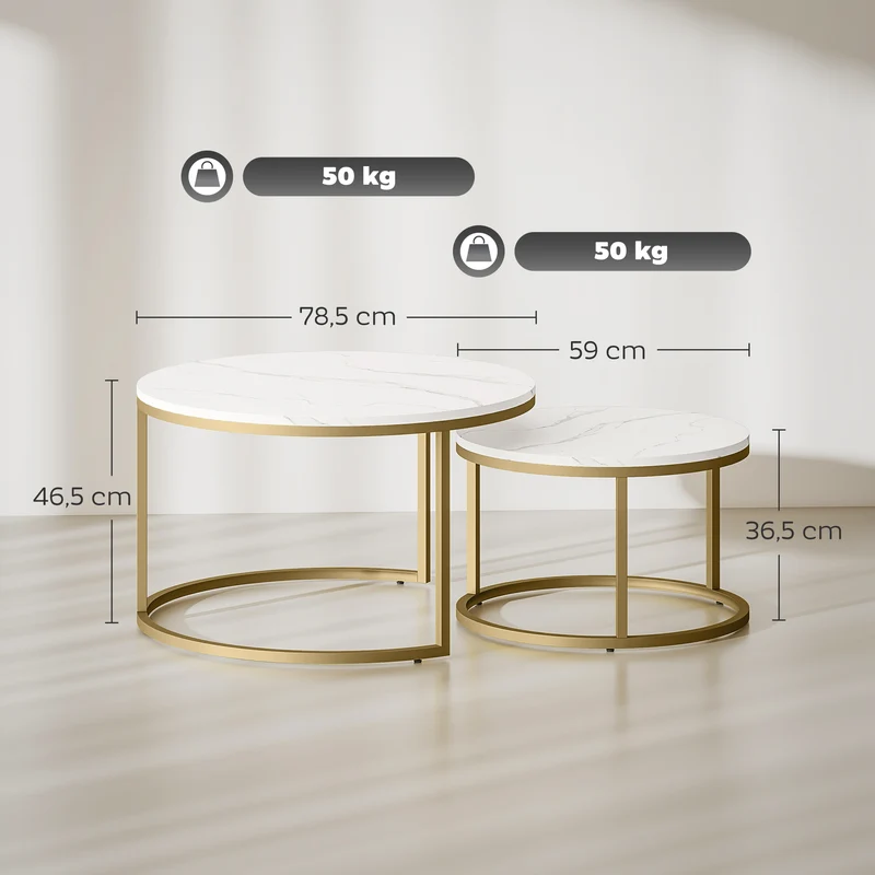 Lot de 2 tables basses gigognes encastrables salon 78.5 x 78.5 x 46.5 cm gain de place modulable industriel en MDF blanc 21_0001810