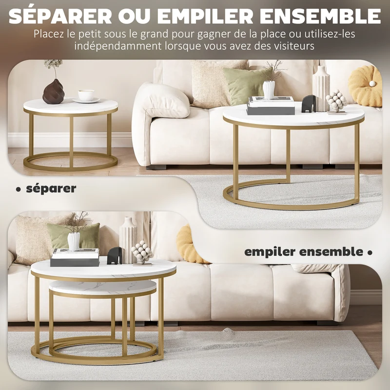 Lot de 2 tables basses gigognes encastrables salon 78.5 x 78.5 x 46.5 cm gain de place modulable industriel en MDF blanc 21_0001810
