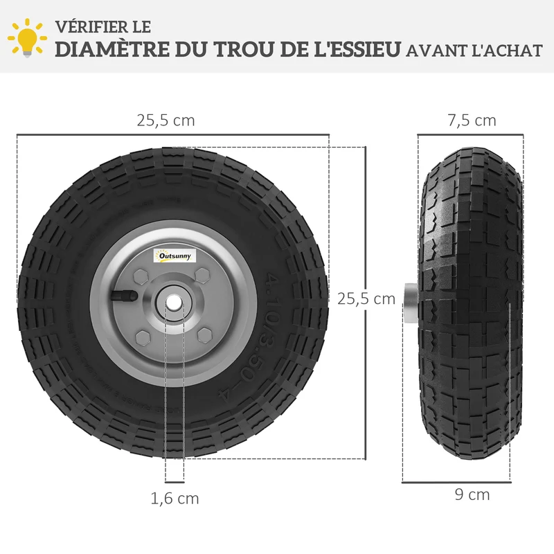 Lot de 2 roues pneumatiques pour chariot brouette diable 25.5 x 7.5 cm bonne traction jardin moderne en caoutchouc noir 21_0005470