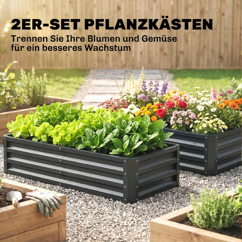 Lot de 2 carrés potagers rectangulaires 120 x 60 x 30,5 cm résistants intempéries industriel en acier galvanisé gris 21_0004043