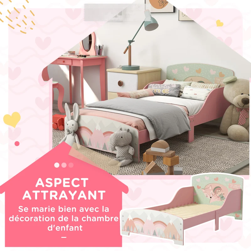 Lit enfant basse hauteur avec barrières de sécurité 143 x 77 x 60 cm accès autonome bords arrondis moderne en MDF rose 21_0000245