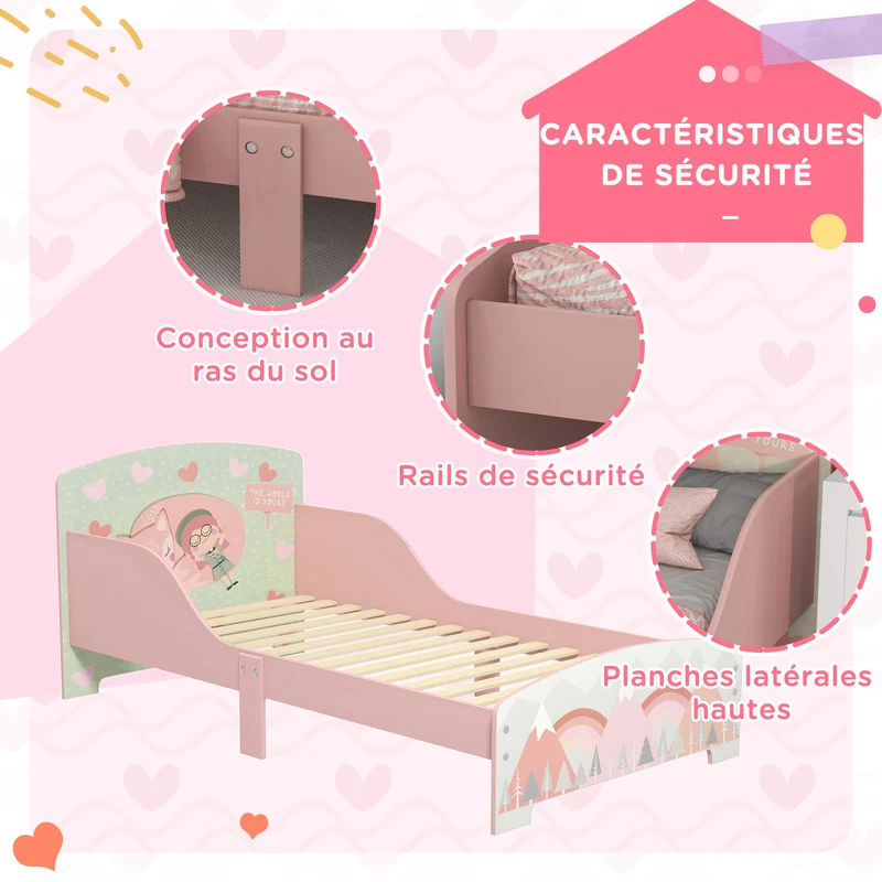 Lit enfant basse hauteur avec barrières de sécurité 143 x 77 x 60 cm accès autonome bords arrondis moderne en MDF rose 21_0000245