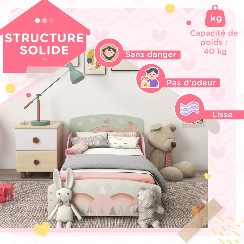 Lit enfant basse hauteur avec barrières de sécurité 143 x 77 x 60 cm accès autonome bords arrondis moderne en MDF rose 21_0000245