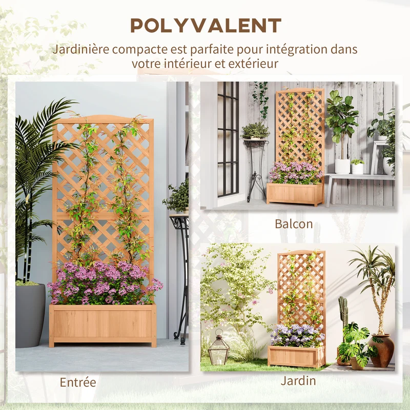 Jardinière surélevée treillis balcon 76 x 36 x 170 cm drainage optimal solide plantes grimpantes rustique en bois marron 21_0004254
