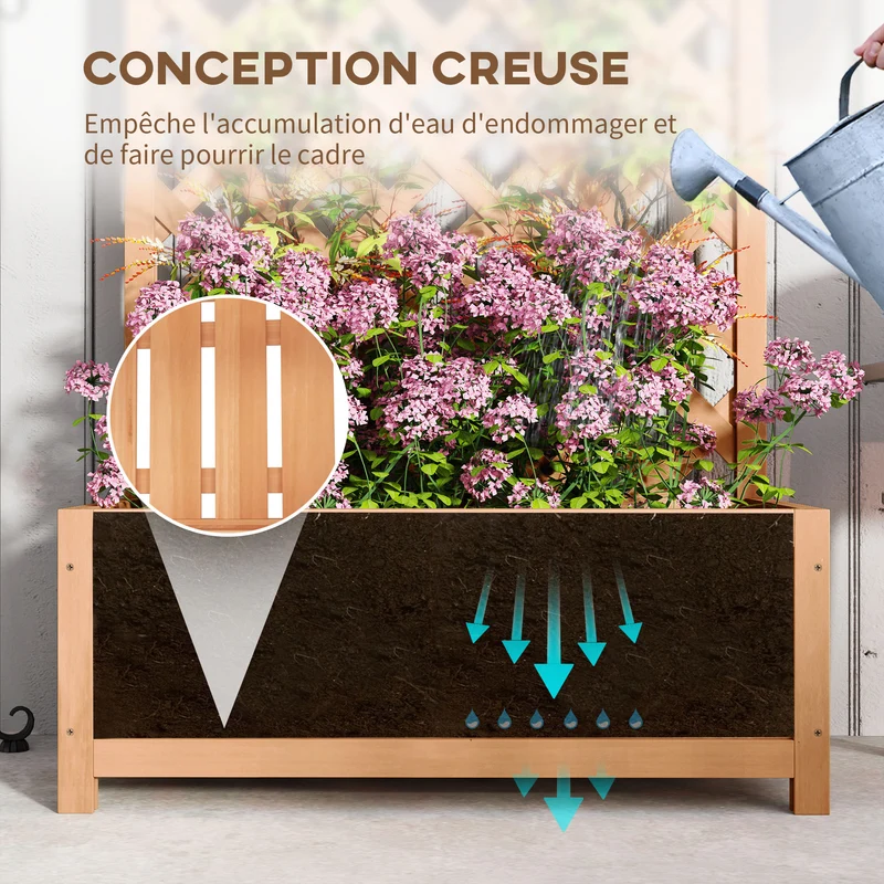 Jardinière surélevée treillis balcon 76 x 36 x 170 cm drainage optimal solide plantes grimpantes rustique en bois marron 21_0004254