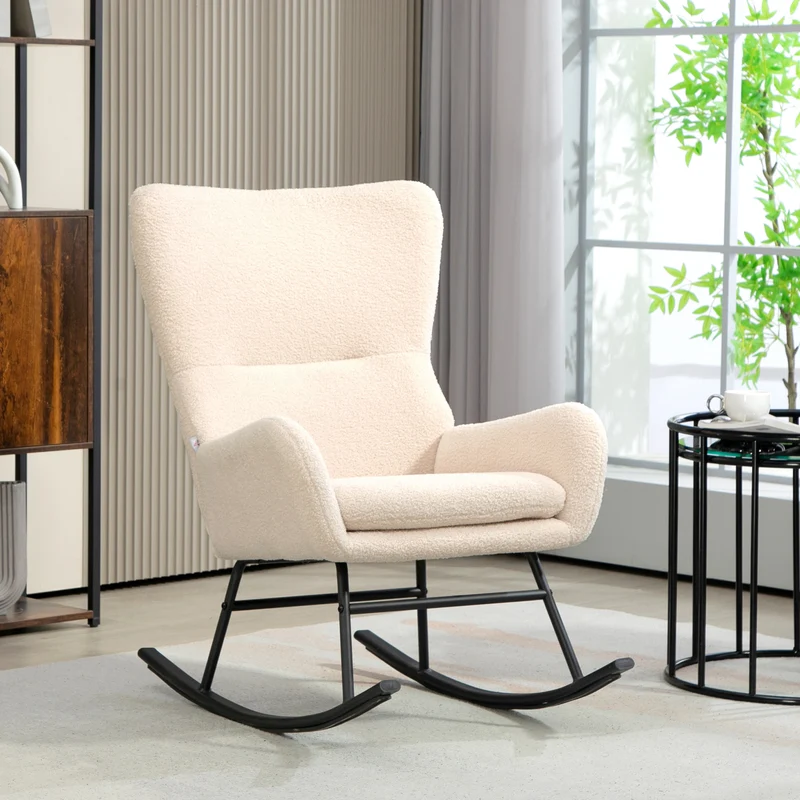 Fauteuil à bascule salon 66 x 100 x 93 cm assise 10 cm mousse balancement dossier incurvé moderne en polyester beige 21_0003187
