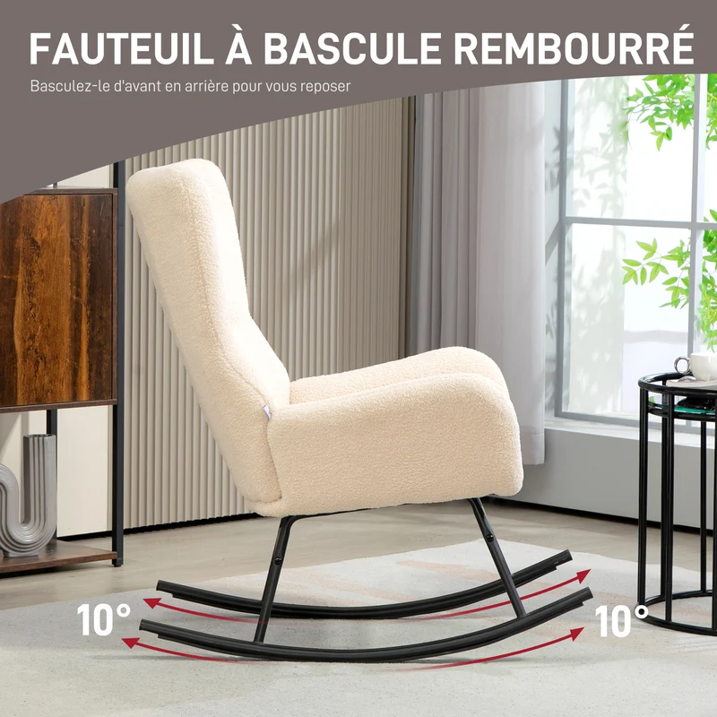 Fauteuil à bascule salon 66 x 100 x 93 cm assise 10 cm mousse balancement dossier incurvé moderne en polyester beige 21_0003187