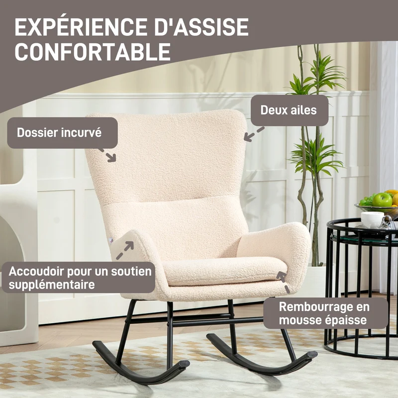 Fauteuil à bascule salon 66 x 100 x 93 cm assise 10 cm mousse balancement dossier incurvé moderne en polyester beige 21_0003187