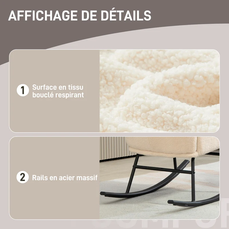 Fauteuil à bascule salon 66 x 100 x 93 cm assise 10 cm mousse balancement dossier incurvé moderne en polyester beige 21_0003187