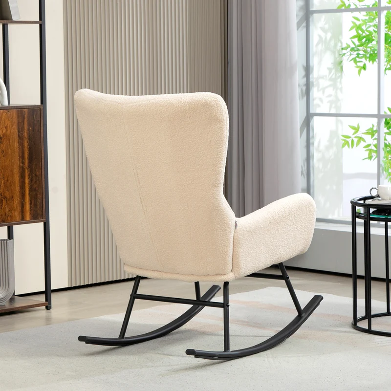 Fauteuil à bascule salon 66 x 100 x 93 cm assise 10 cm mousse balancement dossier incurvé moderne en polyester beige 21_0003187