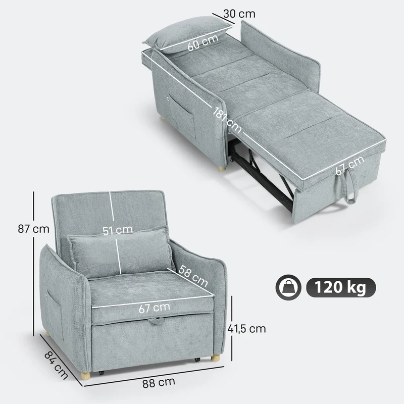 Fauteuil convertible 1 place clic-clac 88 x 84 x 87 cm assise large dossier 3 positions contemporain en chenille gris 21_0003621