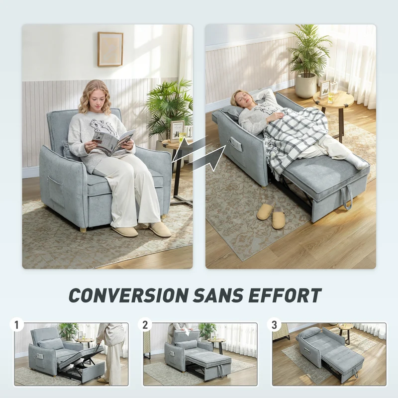 Fauteuil convertible 1 place clic-clac 88 x 84 x 87 cm assise large dossier 3 positions contemporain en chenille gris 21_0003621