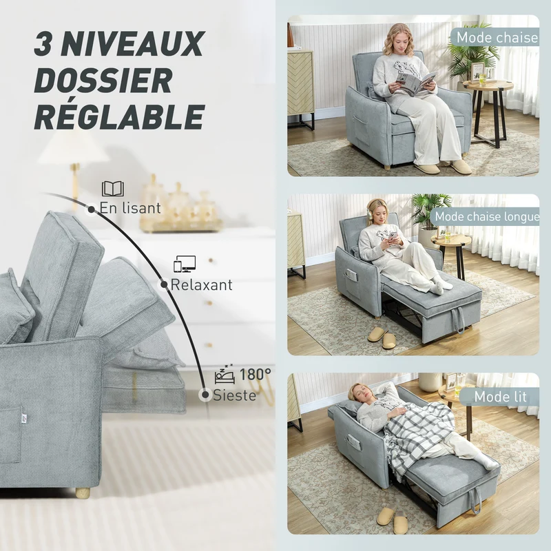 Fauteuil convertible 1 place clic-clac 88 x 84 x 87 cm assise large dossier 3 positions contemporain en chenille gris 21_0003621