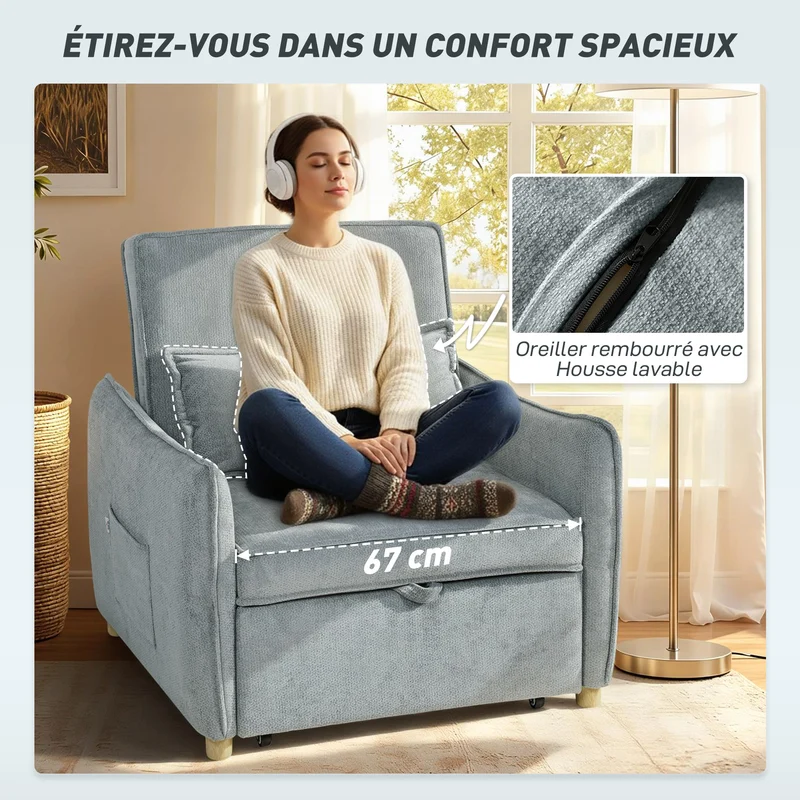 Fauteuil convertible 1 place clic-clac 88 x 84 x 87 cm assise large dossier 3 positions contemporain en chenille gris 21_0003621