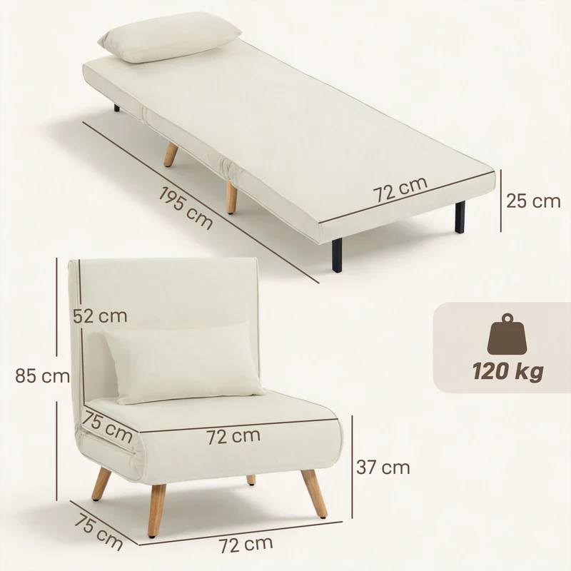 Fauteuil chauffeuse 1 place convertible 72 x 75 x 85 cm lit d'appoint épais 20 cm style contemporain en polyester crème 21_0003429