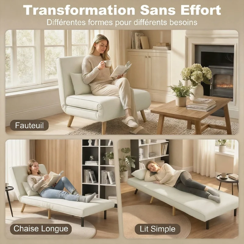 Fauteuil chauffeuse 1 place convertible 72 x 75 x 85 cm lit d'appoint épais 20 cm style contemporain en polyester crème 21_0003429