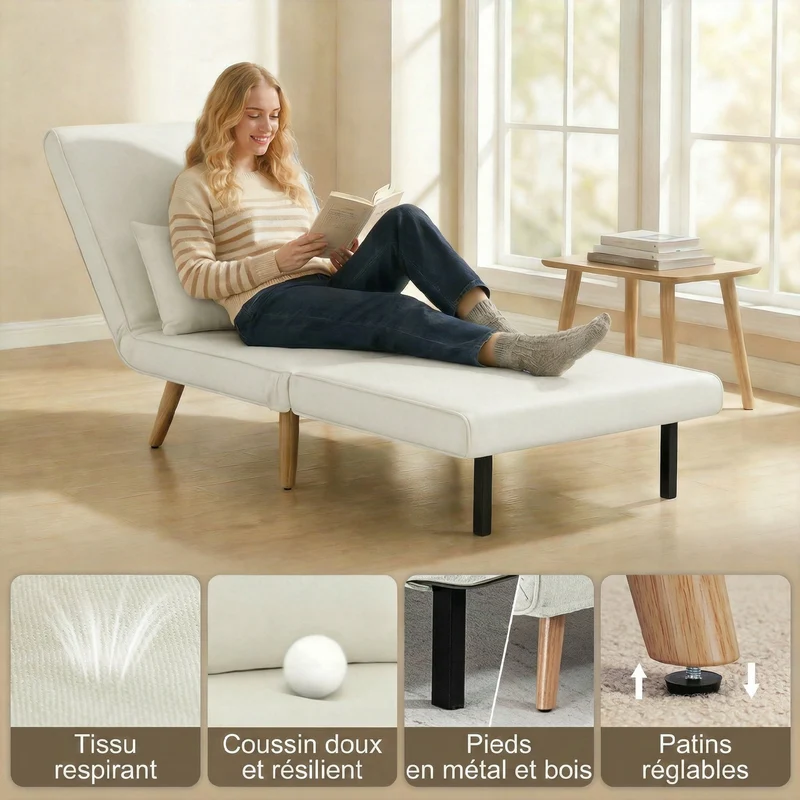 Fauteuil chauffeuse 1 place convertible 72 x 75 x 85 cm lit d'appoint épais 20 cm style contemporain en polyester crème 21_0003429