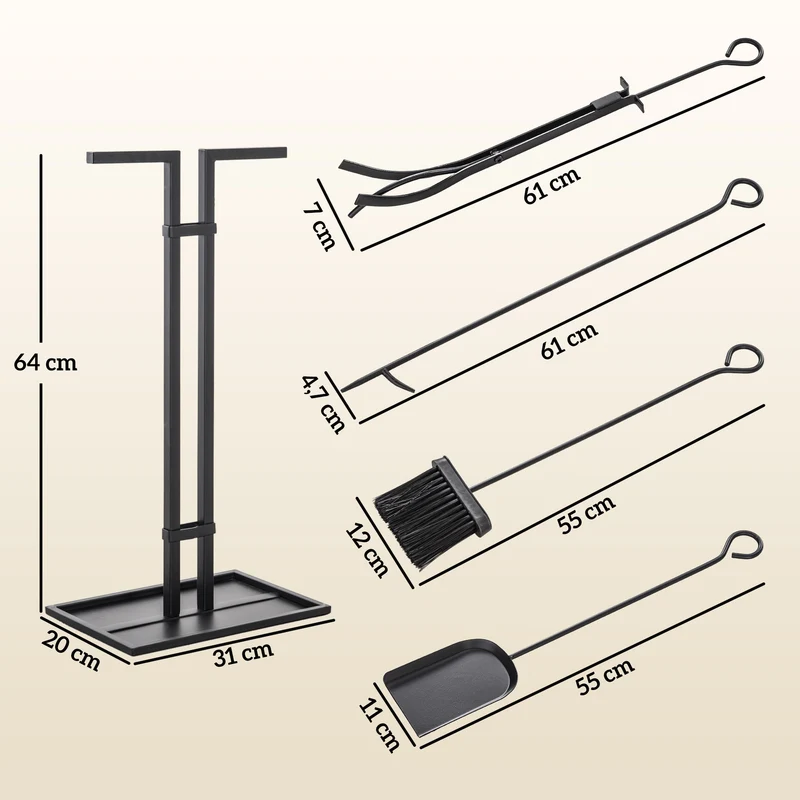 Ensemble d'outils pour cheminée 31 x 20 x 64 cm compact très durable revêtement en poudre style classique en métal noir 21_0003912