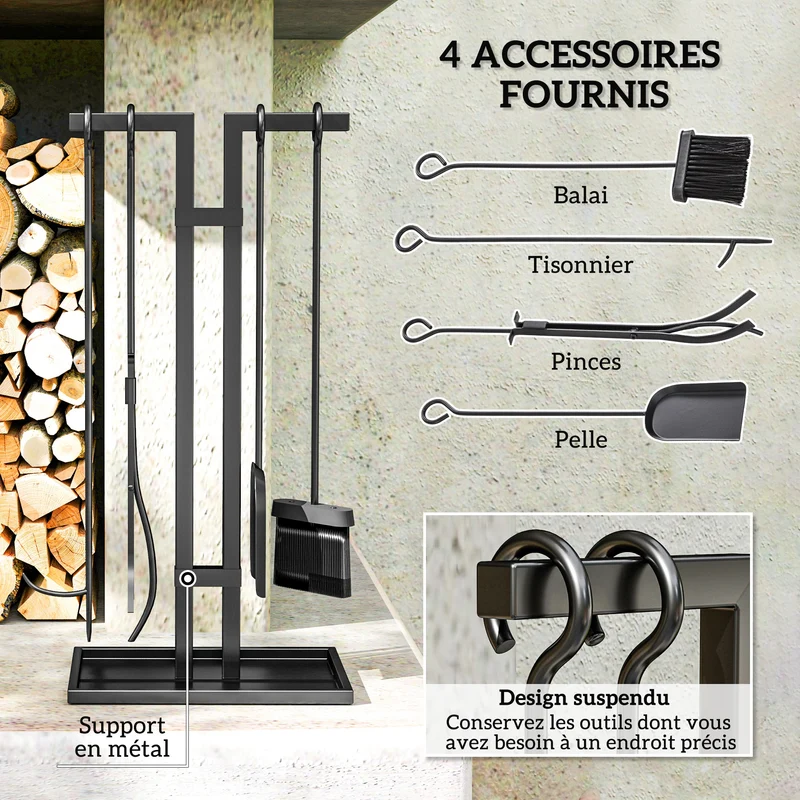 Ensemble d'outils pour cheminée 31 x 20 x 64 cm compact très durable revêtement en poudre style classique en métal noir 21_0003912